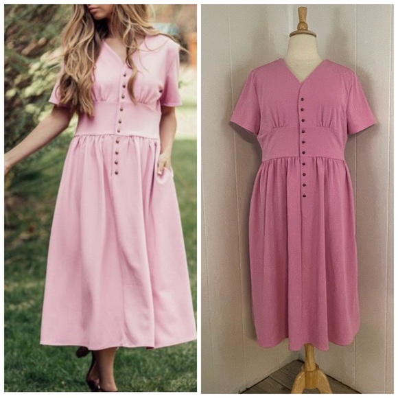 Jessakae Folk Lore Pink Midi Dress XXXL Short Sleeve V-Neck A-Line Cottagecore - Picture 13 of 14
